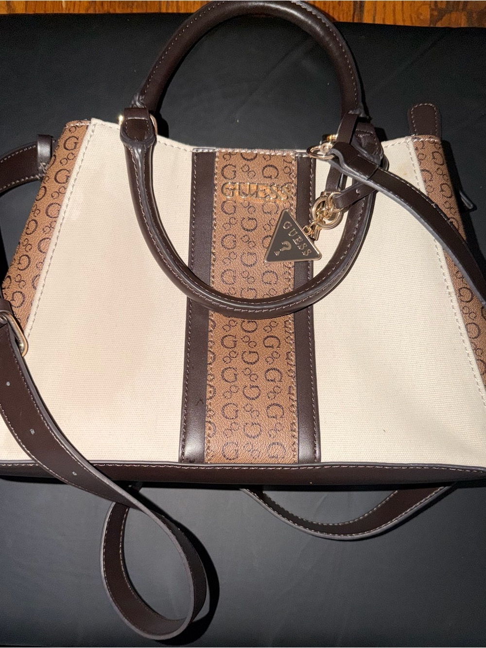 Guess Cream Canvas and Brown Leather-Trim Satchel with Logo Stripe